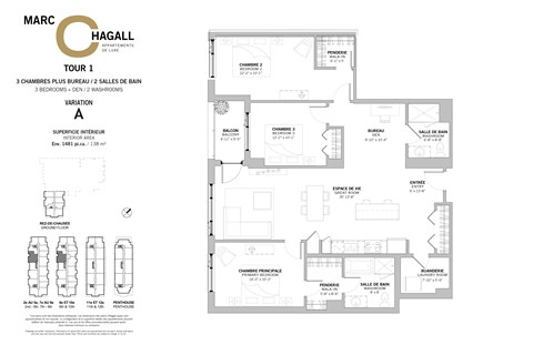 A floor plan for a three bedroom, two bathroom apartment at Marc Chagall Apartments in Côte Saint-Luc.